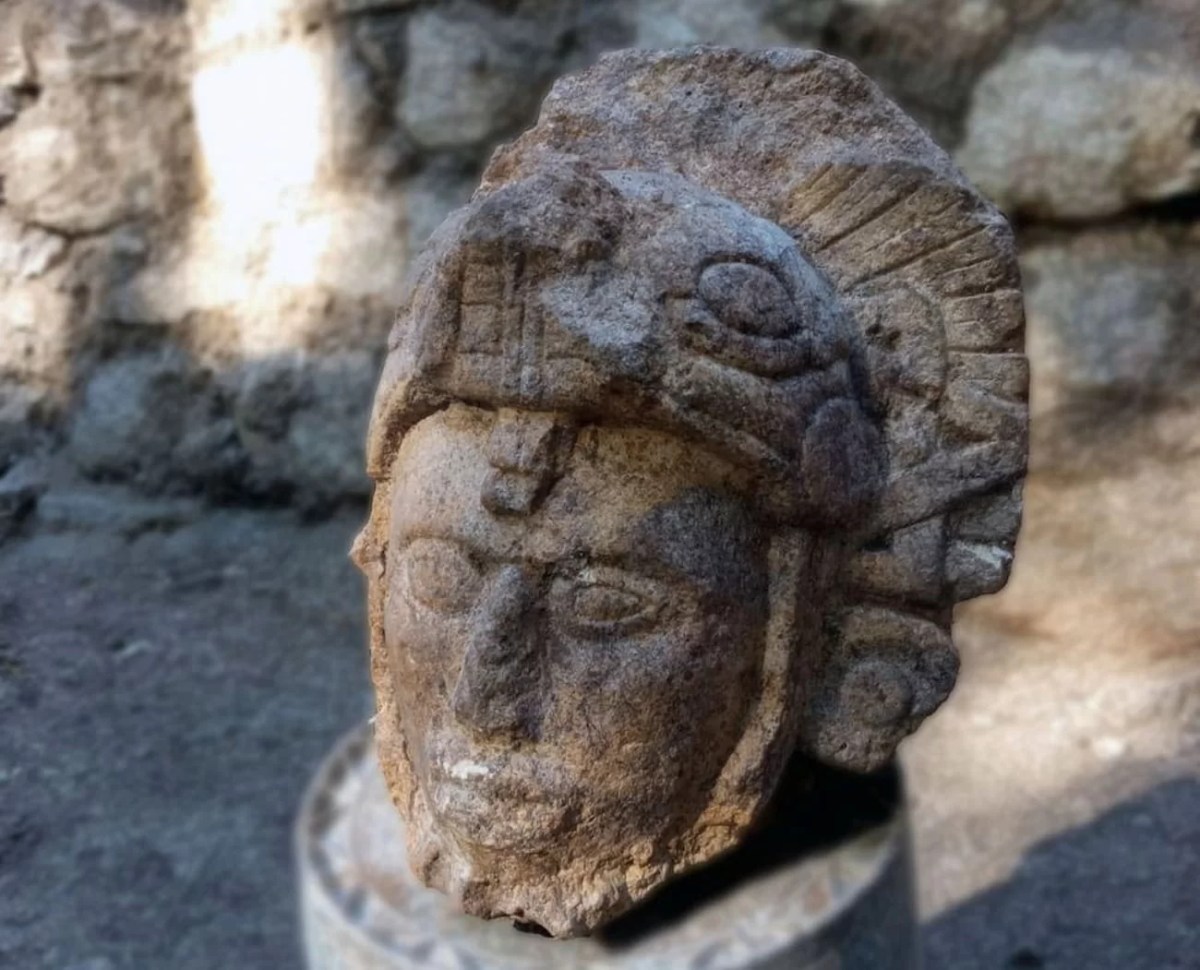 Sculpted Head of a Warrior with Serpent Helmet found at Chichen Itza Mexico