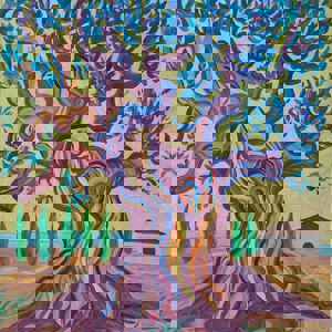 Kirsty Wain (°1975 UK) " Ancient Olive Tree Altea Campo with View of the Mediterranean" 2025