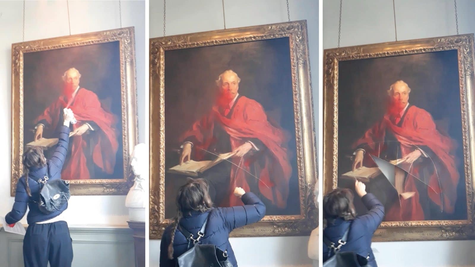 Pro Palestine Protesters destroy Painting of Lord Balfour at Trinity College
